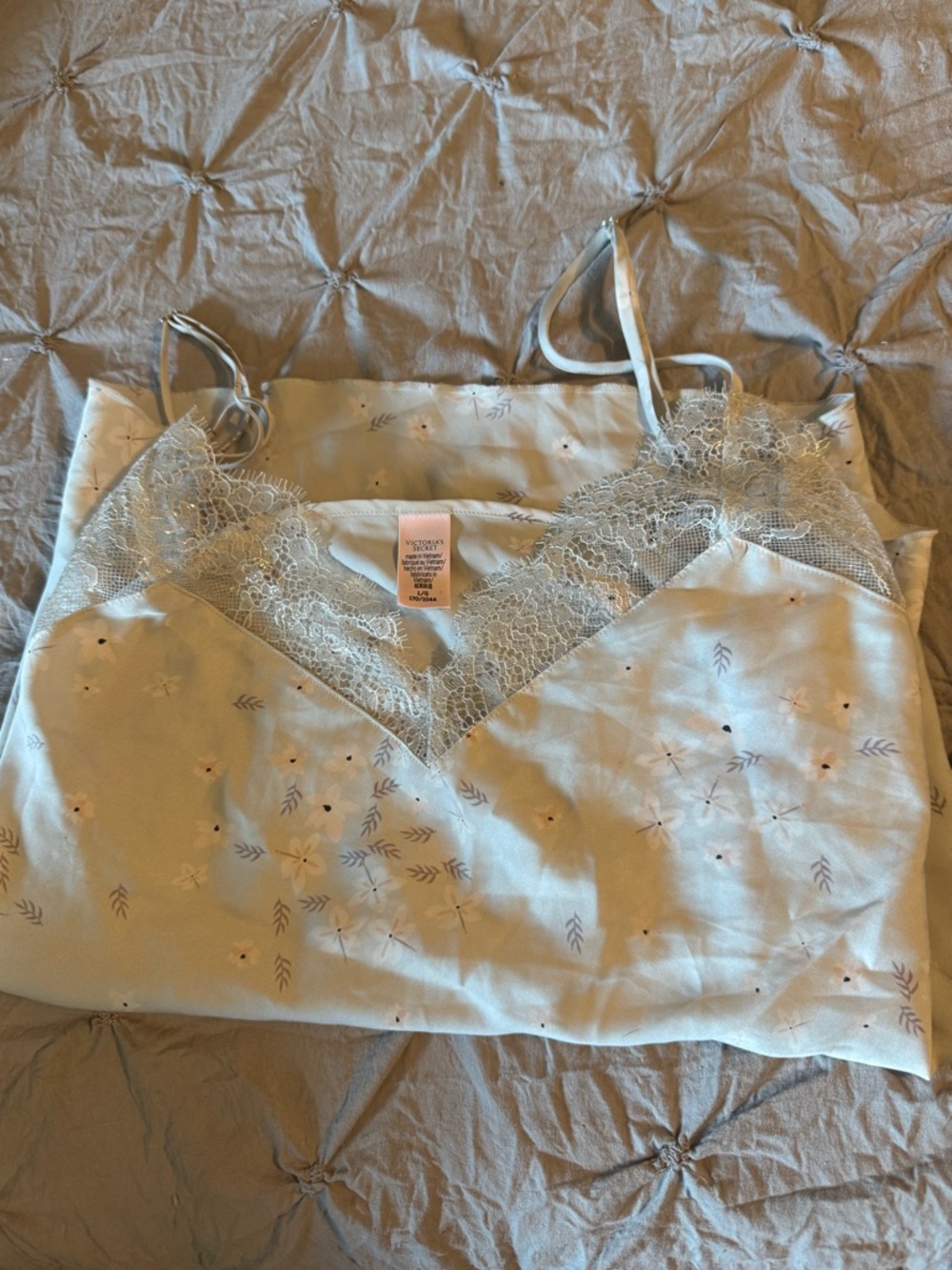 Floral Lace Trim Satin Cami - Pale Blue